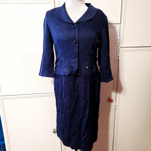 karin stevens Dresses & Skirts - Karin Stevens Navy Jacquard Dress Plus Jacket